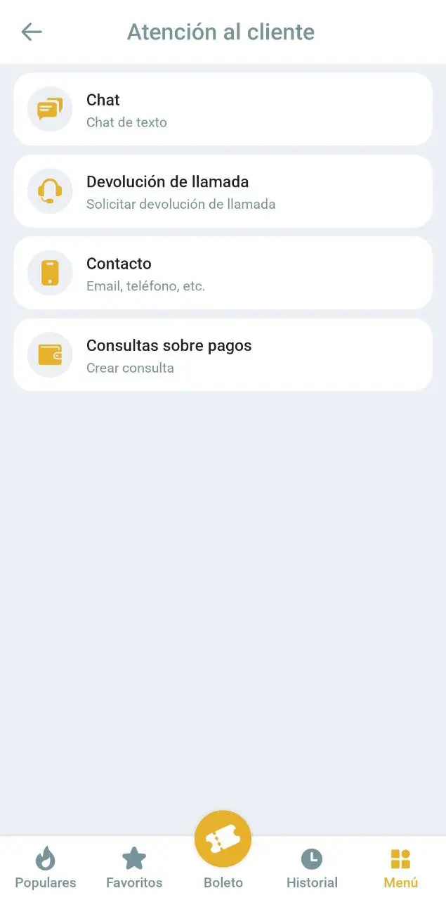 Pantalla de atención al cliente en la app Melbet con opciones de contacto y soporte