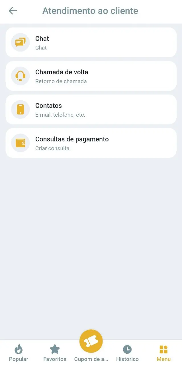 Tela de atendimento ao cliente no aplicativo MelBet com opções de contato e suporte