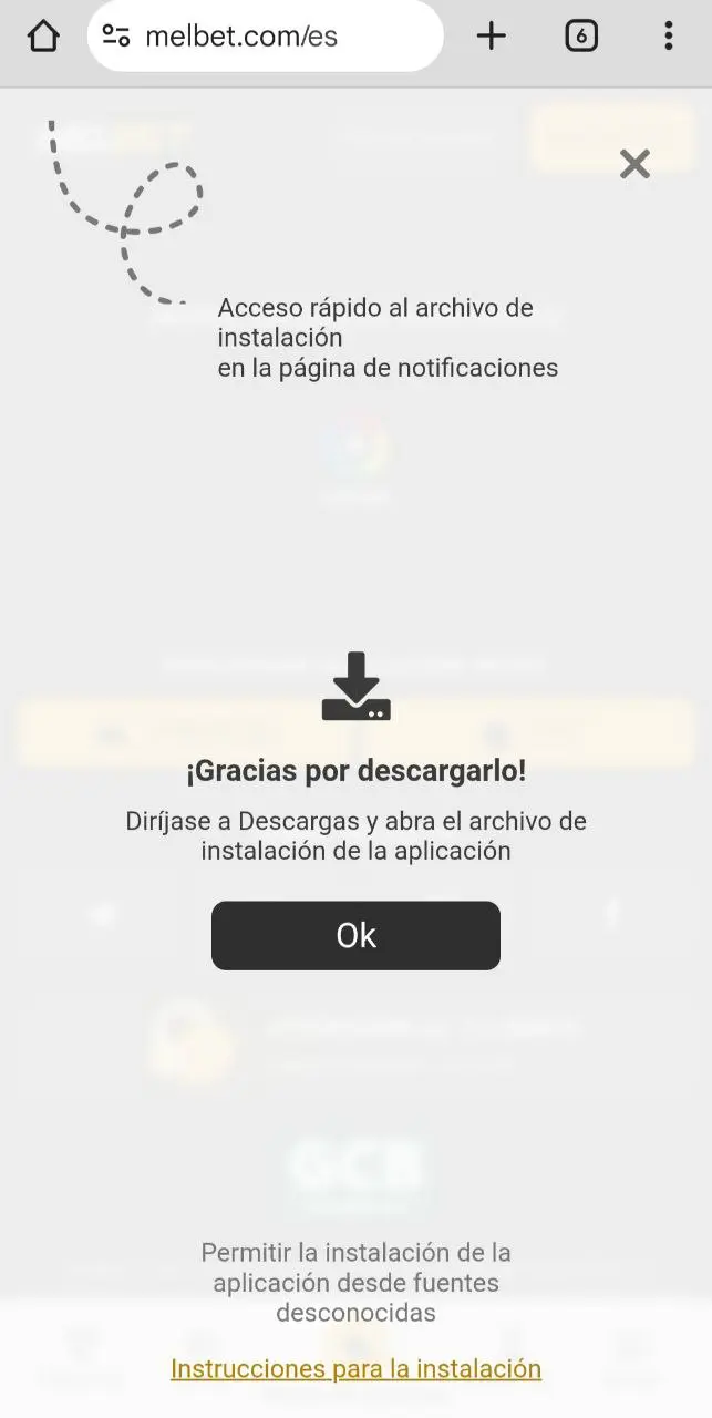 Mensaje de Melbet confirmando descarga y pasos para instalar la app