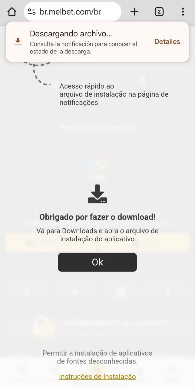 mensagem da MelBet confirmando download e etapas para instalar o app