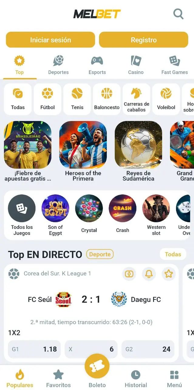 Pantalla de inicio de la app Melbet con menús de deportes, casino y marcador en vivo