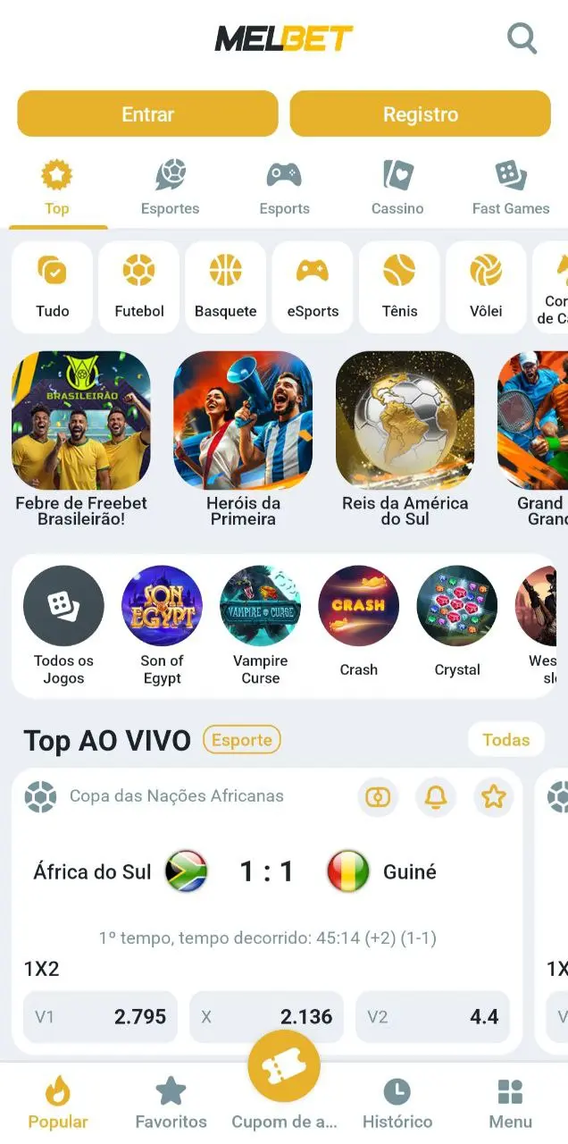Tela inicial do aplicativo MelBet com menus de esportes, cassino e placar ao vivo