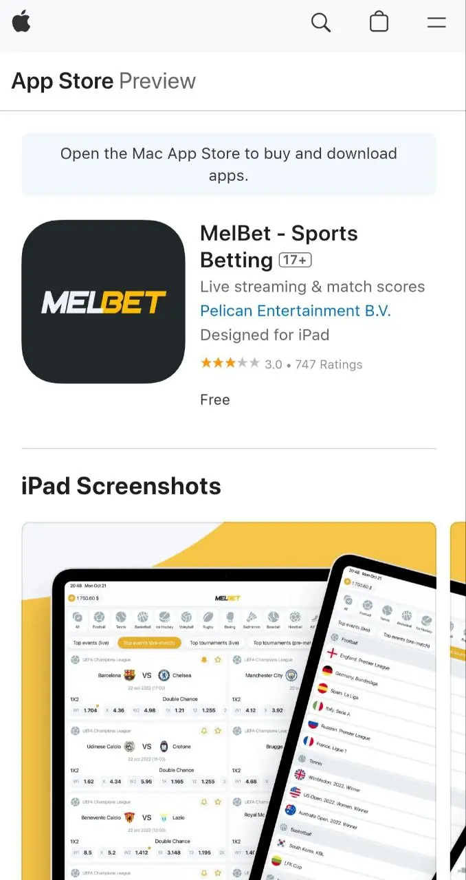 Vista previa en App Store de la app Melbet con descripción y capturas de pantalla para iPad