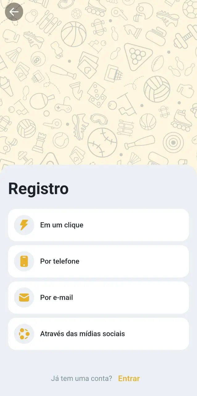 Tela de registro no aplicativo MelBet com opções de criação de conta