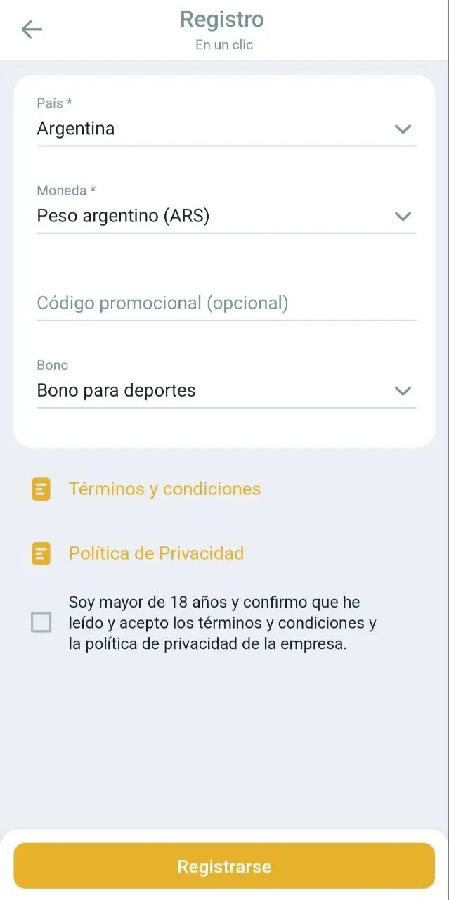 Pantalla de registro rápido en la app Melbet con campos de país, moneda y bono