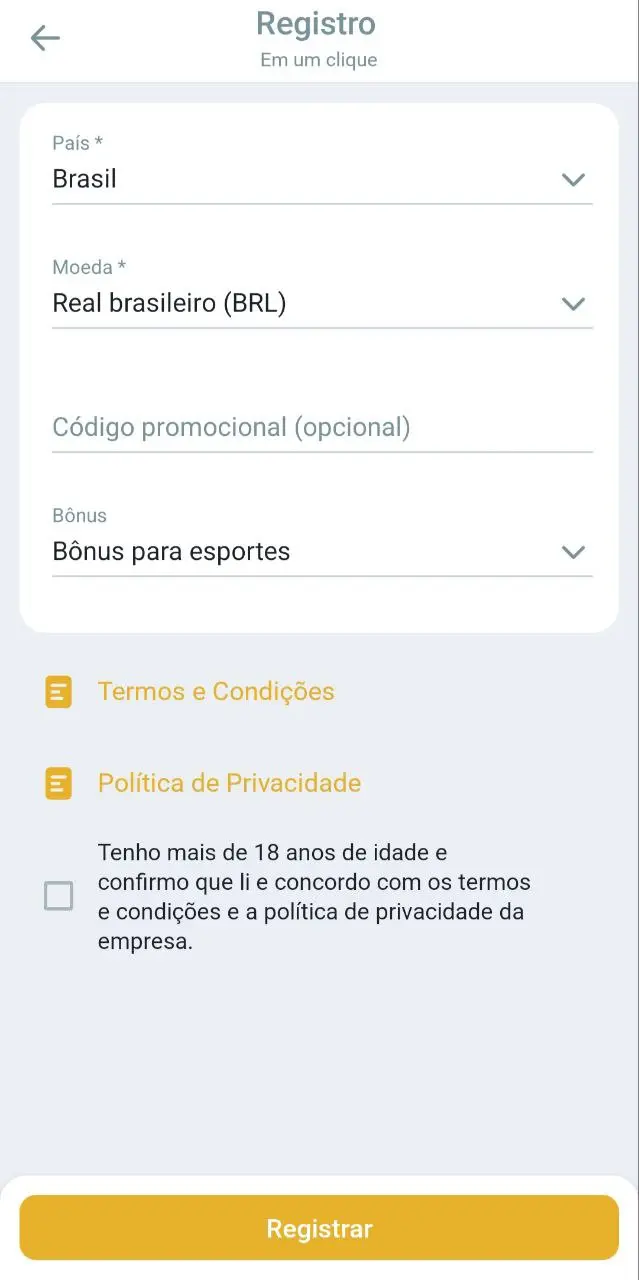 Tela de registro rápido no aplicativo MelBet com campos de país, moeda e bônus
