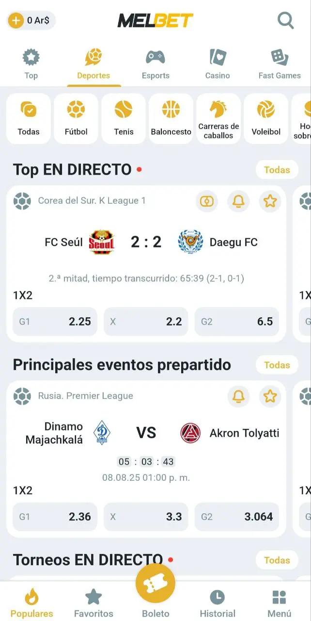 Pantalla de deportes en la app Melbet con marcadores en vivo y próximos eventos