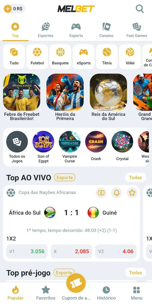 Tela de esportes no aplicativo MelBet com placares ao vivo e próximos eventos