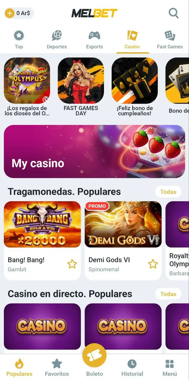 Pantalla de casino en la app Melbet con tragamonedas y promociones destacadas