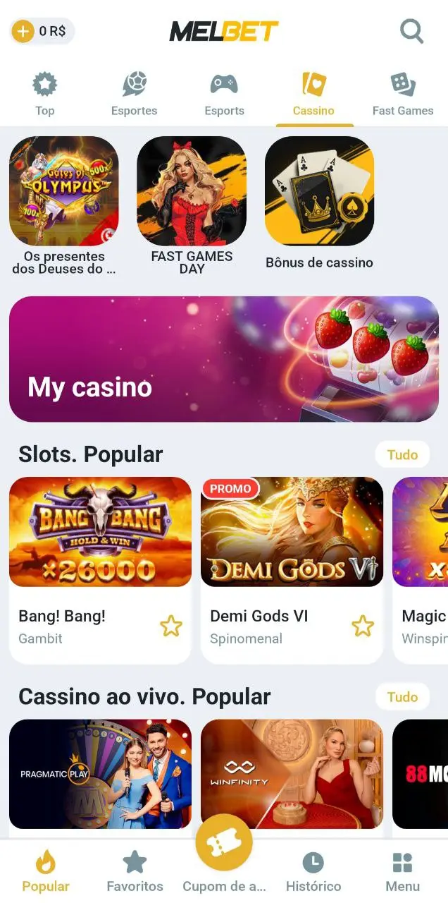 Tela de cassino no aplicativo MelBet com caça-níqueis e promoções em destaque