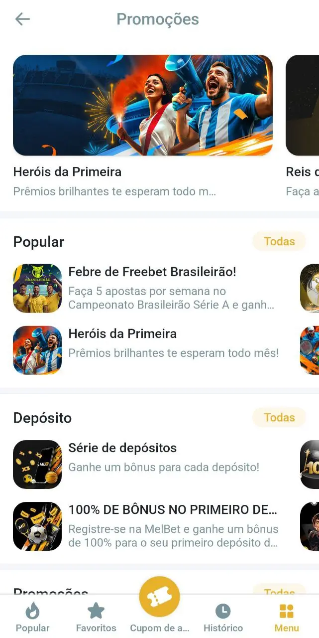 Tela de bônus no aplicativo MelBet com promoções e recompensas